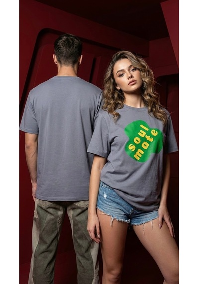 Unisex Düz Renk Soul Mate Dijital Baskılı Bisiklet Yaka Basic Tişört Gri