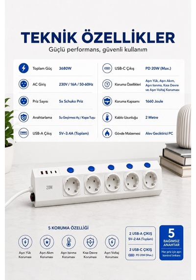 5 Li Akım Korumalı Çoklu Priz 2 Metre Kablolu 3680w 16a 5 Anahtarlı 2usb-a 2 Usb-c Pd 20w Hızlı Ftr-28 Diğer