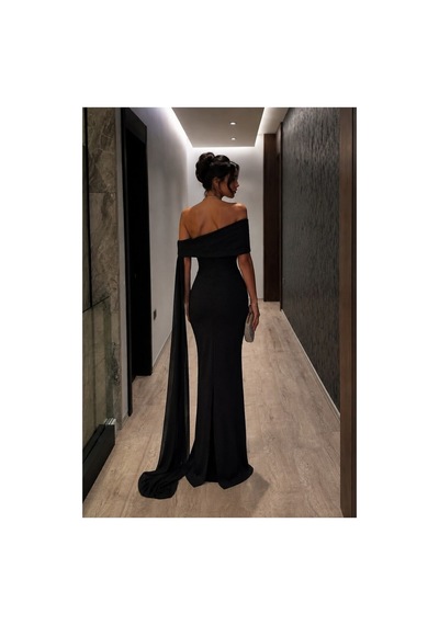 Lior Design Kadın Tasarım Scuba Esnek Kumaş Degaje Yaka Abiye Elbise Siyah