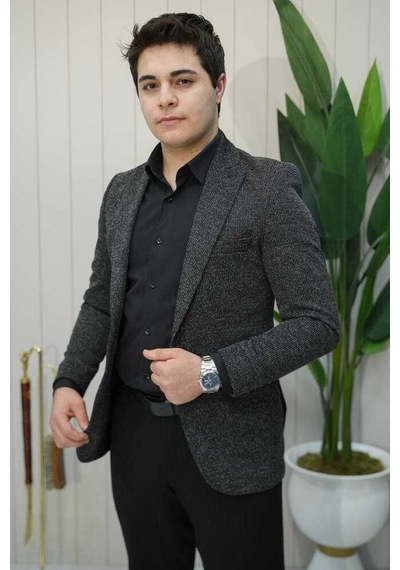 Bys Beystil Sivri Yaka Kırçıllı Siyah Ceket Lyon - Slim Fit
