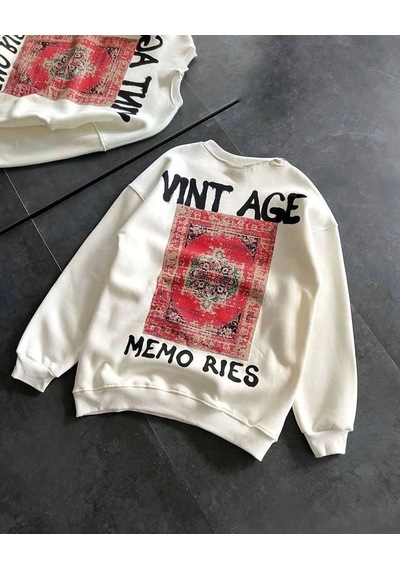 Mbb E-ticaret Kadın Bisiklet Yaka 3 İplik Baskılı Oversize Sweatshirt - Beyaz