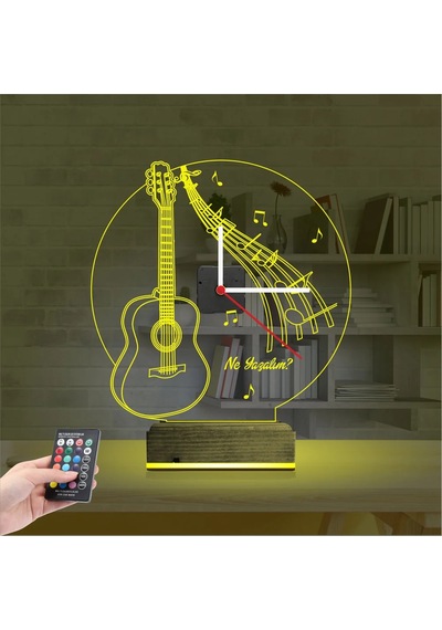 Luvivia Gitar Müzik Nota Kişiye Özel Saatli 3d Lamba - Masa Gece Lambası Şeffaf