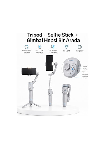 3 Eksen Telefon Gimbal Stabilizer Yapay Zeka Takipli Katlanabilir Dahili Dolgu Işıklı Video Sabitleyici - Lisinya Standart
