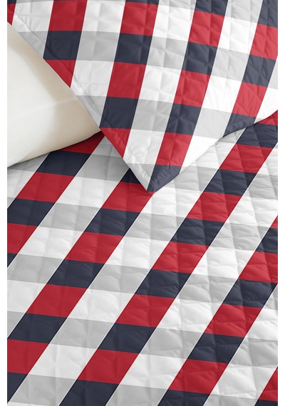 Kırmızı Ekose Geometrik Genç Odası Tek Kişilik Pike Takımı - Lacivert Modern 160x220 Cm Yatak Örtüsü Günbatımı Sis Uyumu