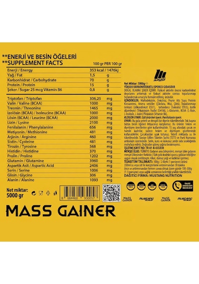 Mustang Nutrition Mass Gainer Karbonhidrat Tozu 5000 Gr 50 Servis Çikolata + Shaker + Protein Kahve Hediyeli çikolata