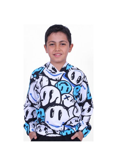 Panios Kids Mavi Emoji Desenli Kapüşonlu Unisex 2 Iplik Sweatshirt Mavi
