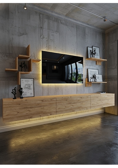 Resital Duvara Monte Ledli 270 Cm Tv Ünitesi Duvar Raflı - Ll6045 Atlantik Çam