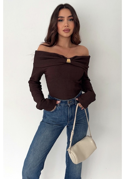 Noa & Noa Kadın Omuz Açık Toka Detaylı Bluz Burgundy Charm Kahverengi