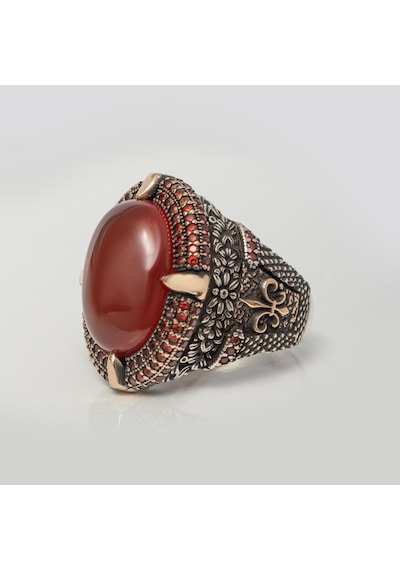 Oval Akik Taşlı 925 Gümüş Erkek Yüzük Gümüş