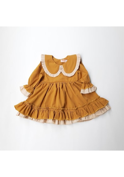 ikokokids Hardal Kız Bebek Bebe Yaka Fırfırlı Elbise
