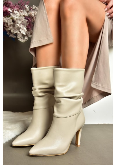 Fox Shoes R404020309 Bej İnce Topuklu Büzgülü Kadın Bot Bej