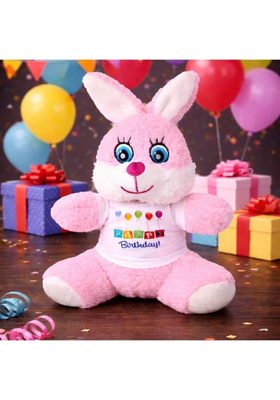 Happy Birthday Tişörtlü Peluş Tavşan