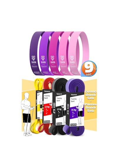 9lu Tera Set 5+15+25+35 Kg + 5li Pilates Direnç Bandı Barfiks Lastiği Loop Band Pembe Ton Çok Renkli