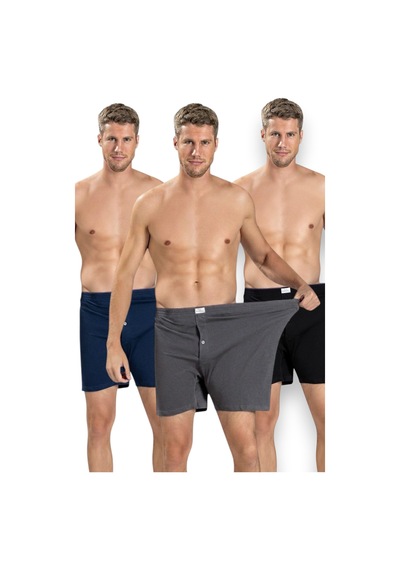 Fanilam Jiber Erkek Büyük Beden Penye Boxer 3'lü Paket - Düğmeli Battal Boy Rahat Kesim Boxer Çok Renkli