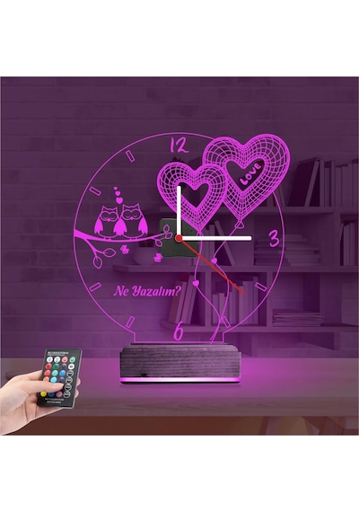 Luvivia Sevgiliye Hediye Kalp Baykuş Kişiye Özel Saatli 3d Lamba - Masa Gece Lambası