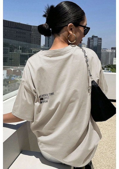 Unisex Cherish Time Effect Dream Baskılı Tasarım Tshirt Bej