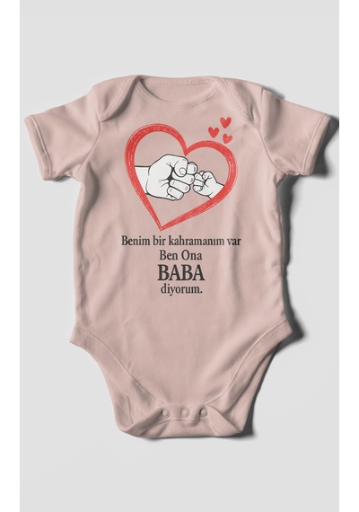 Benim Bir Kahramanım Varc Ben Ona Baba Diyorum Baskılı Bebek Zıbını Çıtçıtlı Body Kısa Kol Pastel Pembe