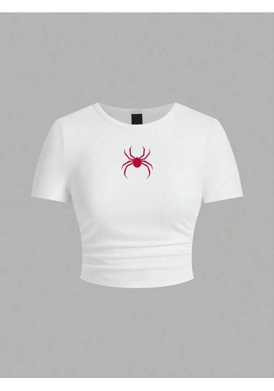 Tarzsokak Basit Kırmızı Örümcek Baskı Kırpma Üstleri Yaz Sokak Moda Kadın Slim-fit T-shirt Rahat Yumuşa Beyaz