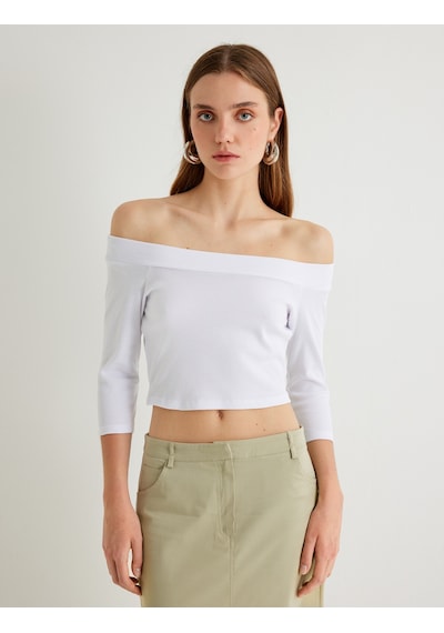 Koton Omzu Açık Crop Tişört Dirsek Boy Kol Pamuklu Slim Fit Beyaz 4sak50021pk Beyaz