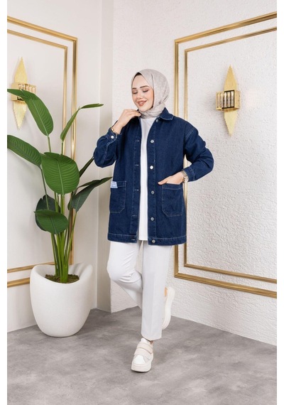 Harman Butik Kadın Cepli Düğmeli Kot Ceket Lacivert Lacivert