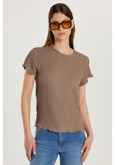Tudors Kadın Slim Fit Dar Kesim Kısa Kollu Bisiklet Yaka Vizon Tişört-34007 Vizon