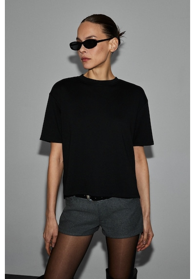Grımelange Colena Kadın Organik Pamuklu Bisiklet Yaka Oversize Fit Kısa Kollu Siyah T-shirt Siyah