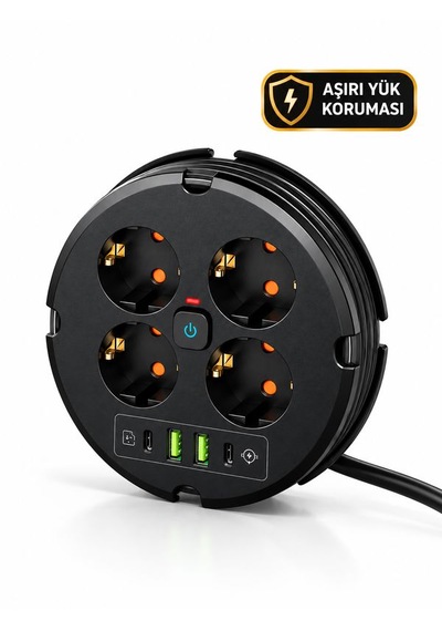 4'lü Akım Korumalı Çoklu Priz 2200w 1050j 2 Usb 2 Type-c 10a 2m Sarılabilir Kablolu 0.2 M
