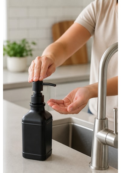 Aura Cam Sıvı Sabunluk 400 Ml Siyah Pompalı Modern Dekoratif Banyo Ve Mutfak Dispenseri - 19,5 Cm X 6 Cm X 6 Cm