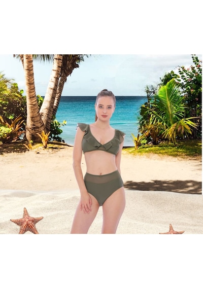 Shopiolog Kadın Düz Fırfırlı Yüksel Bel Bikini