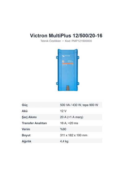 Victron Energy Multiplus 12/500/20-16 İnvertör/şarj Cihazı 12v 500va Tam Sinüs Pmp121500000