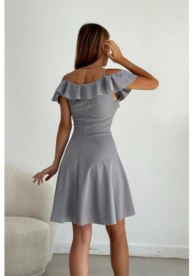 DefyModa Kadın Minimal Esnek Krep Kumaş Kruvaze Yaka Volanlı Abiye Elbise Gri