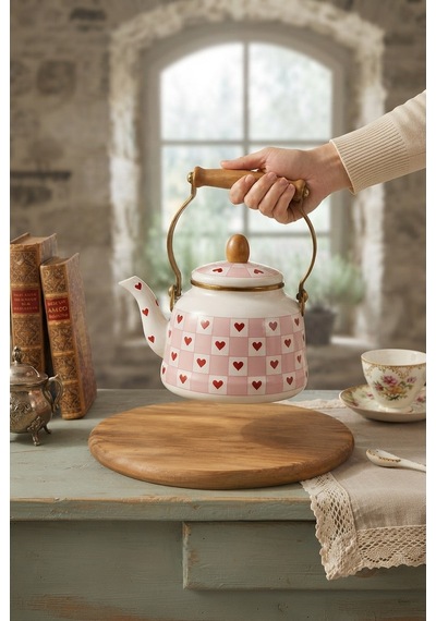 Ahşap Saplı Kampli Emaye Demlik Kettle 2,5 Lt Pembe Alv037