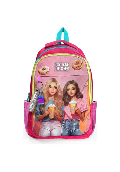 Coral High Pembe Fashion Girl Desenli Kız Çocuk İlkokul Ve Ortaokul Sırt Çantası - Üç Bölmeli Çok Renkli