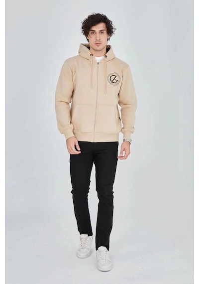 Freedom Storee Erkek 3 İplik Pamuklu Fermuarlı Kapüşonlu Kanguru Cepli Baskılı Hoodie Hırka Sweatshirt - Bej Çok Renkli