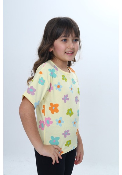 Toontoy Kids Toontoy Kız Çocuk Bisiklet Yaka Kısa Kollu Baskılı Tişört 24980 Açık Sarı