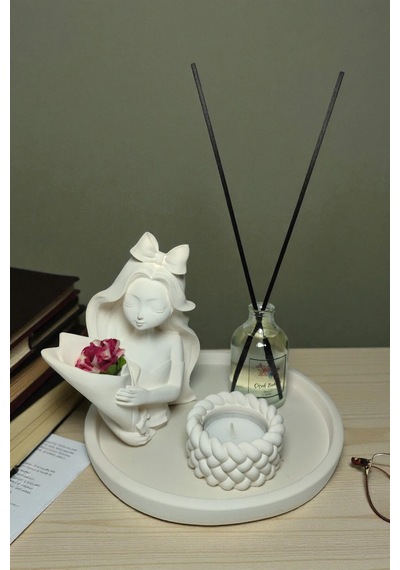 Dekoratif Vazo Seti - Buket Kız Vazo+çiçek Kokulu Oda Kokusu+tealight Mumluk Ve Mum+yuvarlak Tepsi Beyaz