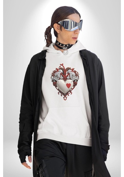 Robot Kalp Atardamar Kadın Erkek Beyaz Kapüşonlu Sweatshirt Hoodie Beyaz