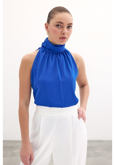 Sateen Kolsuz Salaş Bluz - Sax Mavi-131489 Sax Mavi