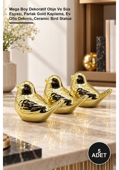 5 Adet Seramik Kuş Biblo Mega Boy Dekoratif Obje Ve Süs Eşyası, Parlak Gold Kaplama, Ev Ofis Dekoru, Ceramic Bird Statue