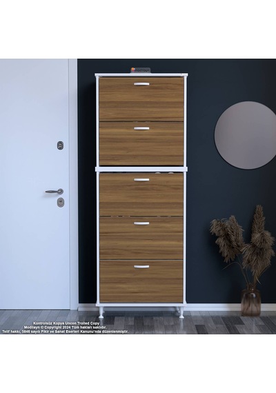 Modilayn Varbi Umay' 2 Li Antre Hol 72 X193x 25, 5 Cm Lik 5 Düşer Kapak 10 Göz Bölme Raflı Ayakkabılık Beyaz - Ceviz