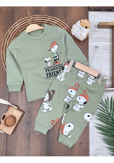 Bisiklet Yaka Peanuts Baskılı Alt Üst 2'li Pijama Takımı 4bb2 Yeşil
