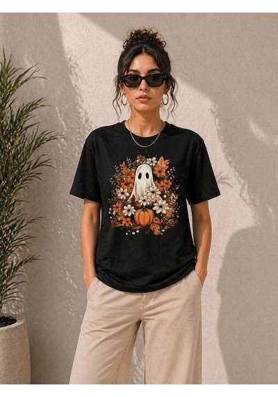 Wear Vexel Kadın Balkabağı Hayalet Baskılı Tişört Kısa Kol Yazlık T-shirt - Siyah Siyah