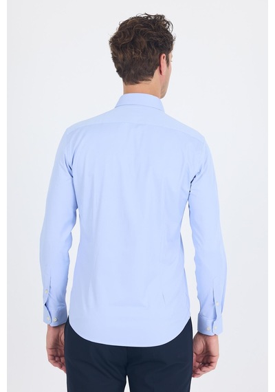 İmza Uzun Kol Düz Bez Ayağı Sert Yaka Cepsiz Pamuklu Classic Slim Fit Gömlek 1004250211 Mavi