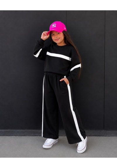 Kokoş Bebe Şerit Detaylı Oversize Kız Çocuk Eşofman Takımı - 3/10 Yaş - 31781 Siyah