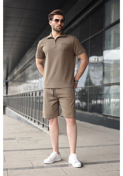 Madmext Haki Yarım Fermuarlı Polo Yaka T-shirt Şort Takım E7348 Haki