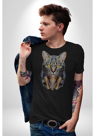 Kulaklık Kedi Unisex Unisex Siyah Organik Baskılı T-shirt Penye Yüksek Kalite Siyah