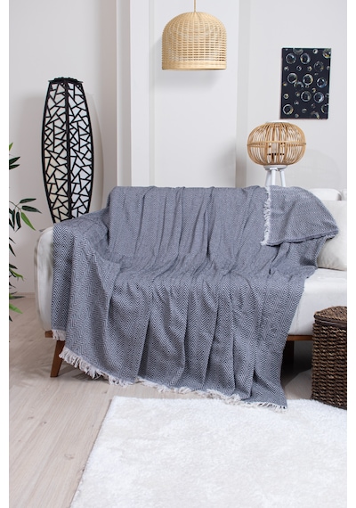 Pamuklu Zikzak Desenli Püsküllü Koltuk Örtüsü 170x210 Cm Dekoratif Ve Çok Amaçlı Siyah