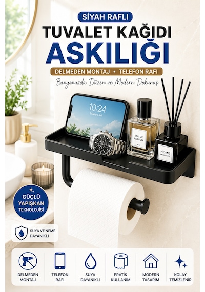 Siyah Yapışkanlı Raflı Tuvalet Kağıdı Askılığı Delmeden Montaj Banyo Organizer Telefon Rafı Askısı