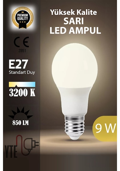 3200 K E 27 Sarı Led Ampul 9 W Yüksek Kalite Göz Yormayan Ampul