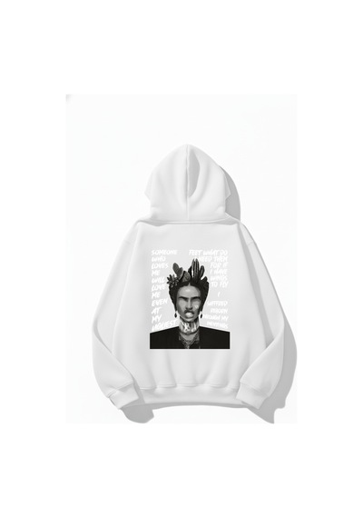 Uyguntarz Unisex Yumuşak Dokulu Frida Kahlo Viva La Vida Baskılı Tasarım Oversize 3 İplik Hoodie Sweatshirt beyaz